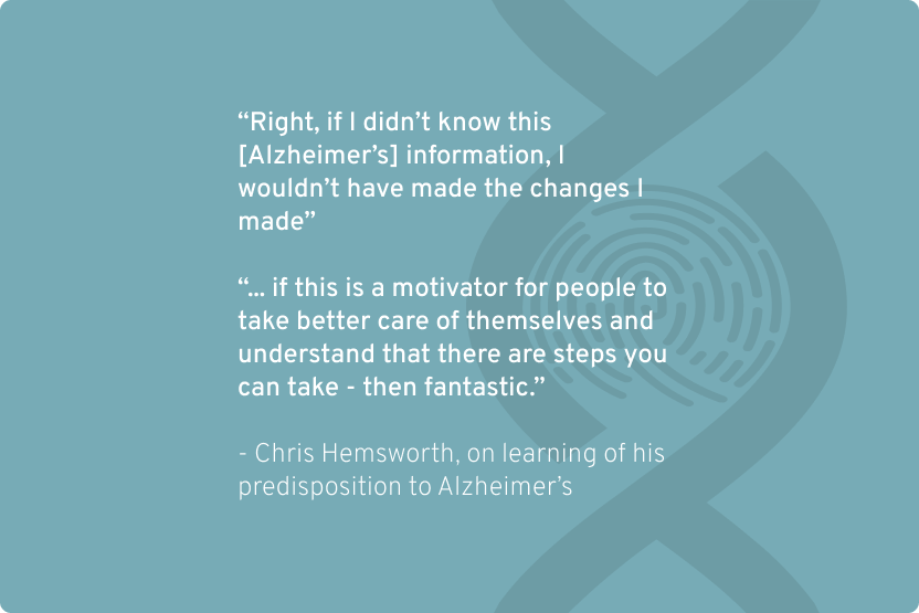 A quote from Chris Hemsworth on learning of his predisposition for Altzheimer's disease.